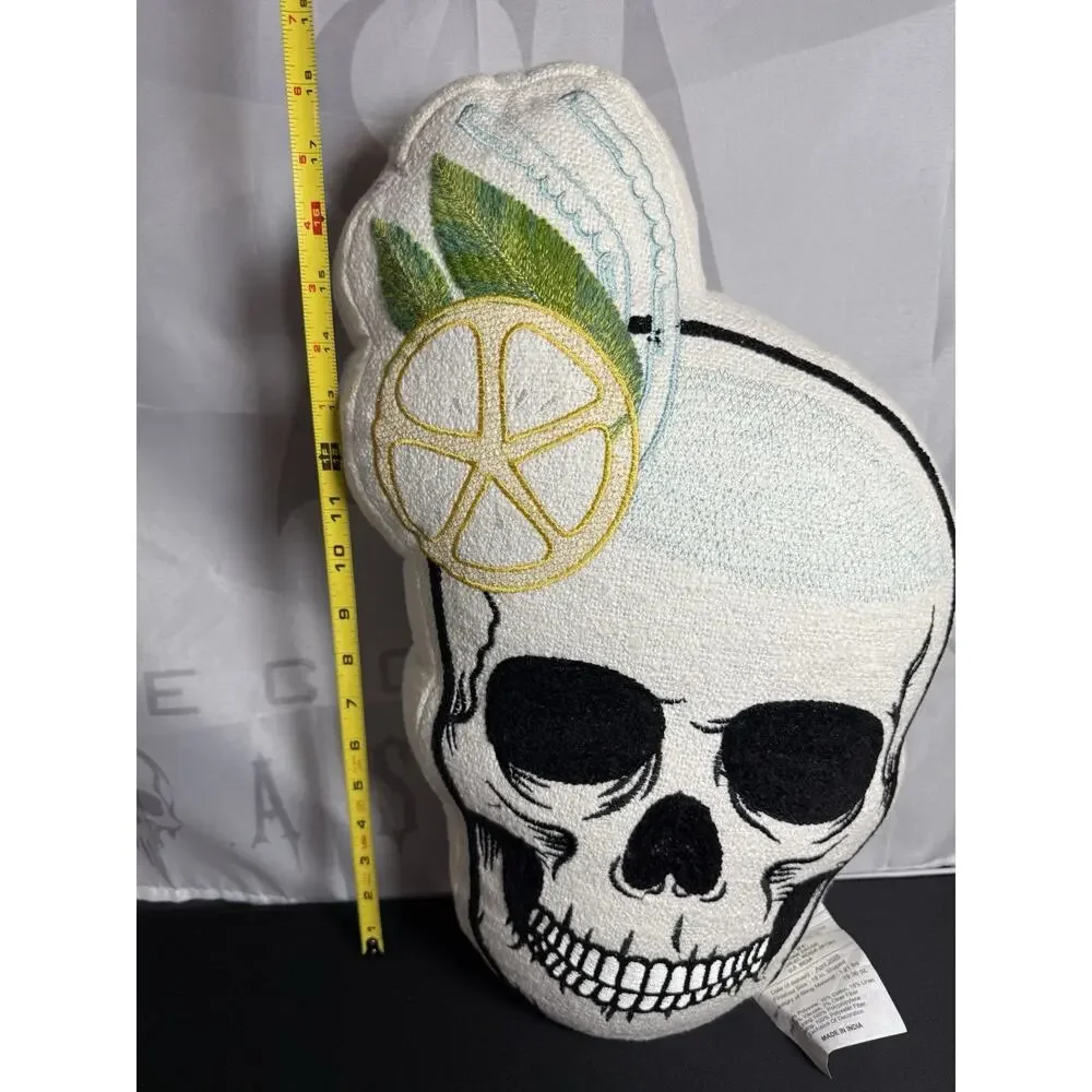 Mary & Edgar Embroidered Skull Margarita Pillow White NWOT Thread Defect